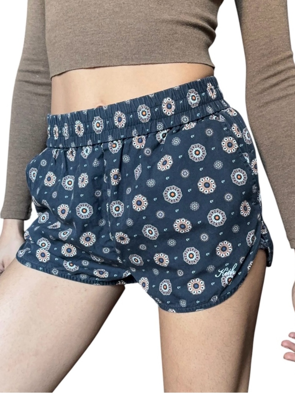 Kith Women Silk Blend Fold Over Boxer Shorts Moroccan Print Navy Blue